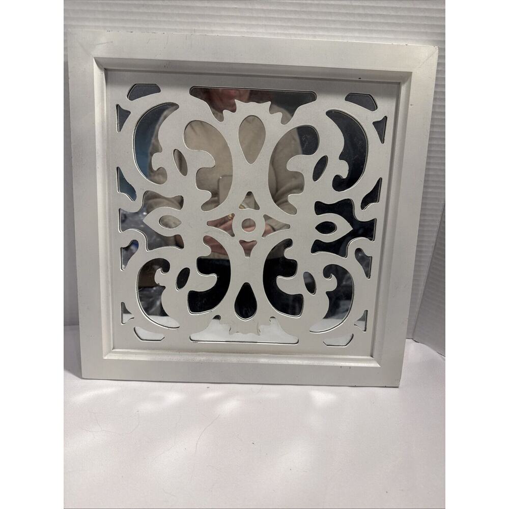 WHITE SQUARED LATTICE FRAMED WALL MIRROR, 14 x 14, Decorative Wall Decor